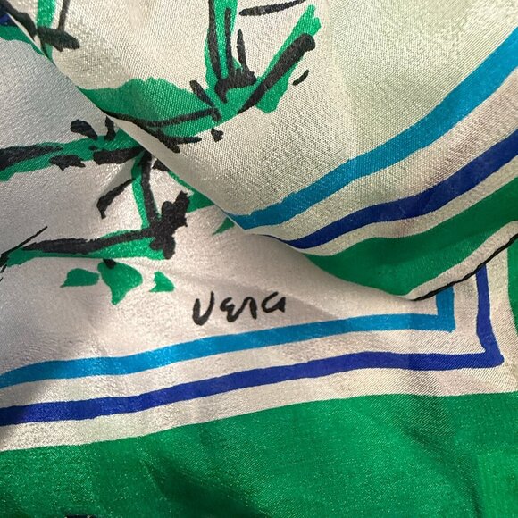 Vintage Scarves by Vera 100% Silk Hand Rolled Floral Blue, Green & White 30" SQ - Picture 5 of 8